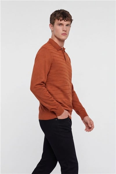 Erkek Kiremit Normal Kesim Regular Fit Yünlü Düğmeli Polo Yaka Triko Kazak