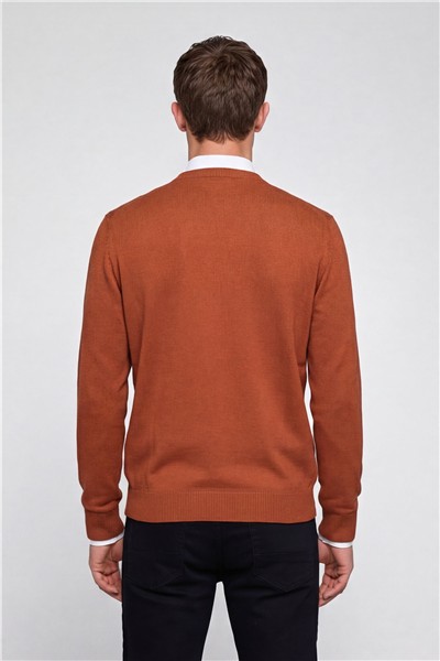 Erkek Kiremit Normal Kesim Regular Fit Yünlü Dokuma Bisiklet Yaka Triko Kazak