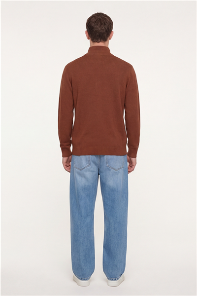 Erkek Kiremit Normal Kesim Regular Fit Yünlü Fermuarlı Dik Yaka Triko Kazak