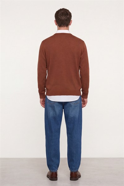 Erkek Kiremit-Siyah Normal Kesim Regular Fit Yünlü Dokuma Desenli Triko Kazak