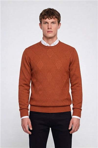 Erkek Kiremit Normal Kesim Regular Fit Yünlü Dokuma Bisiklet Yaka Triko Kazak