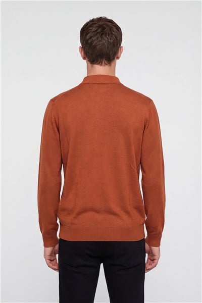 Erkek Kiremit Normal Kesim Regular Fit Yünlü Düğmeli Polo Yaka Triko Kazak