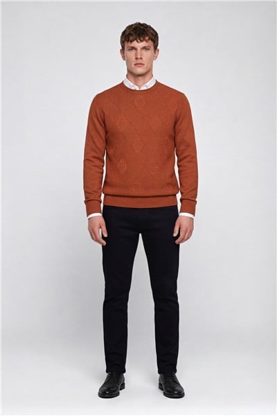 Erkek Kiremit Normal Kesim Regular Fit Yünlü Dokuma Bisiklet Yaka Triko Kazak