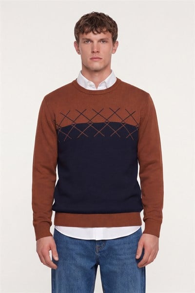 Erkek Kiremit-Siyah Normal Kesim Regular Fit Yünlü Dokuma Desenli Triko Kazak