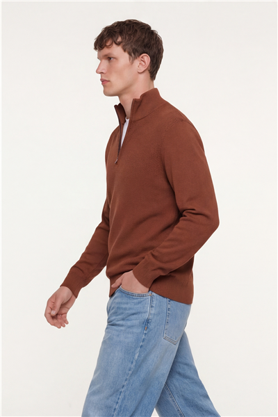 Erkek Kiremit Normal Kesim Regular Fit Yünlü Fermuarlı Dik Yaka Triko Kazak