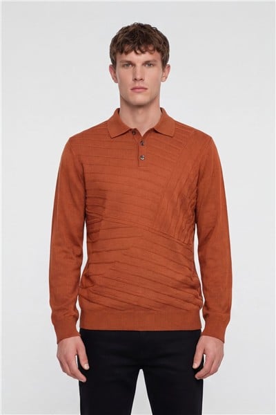 Erkek Kiremit Normal Kesim Regular Fit Yünlü Düğmeli Polo Yaka Triko Kazak