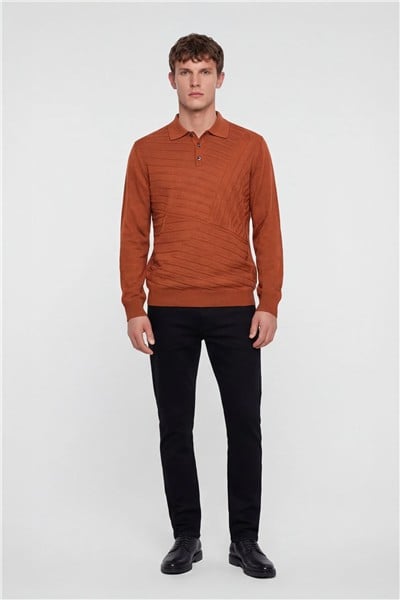 Erkek Kiremit Normal Kesim Regular Fit Yünlü Düğmeli Polo Yaka Triko Kazak