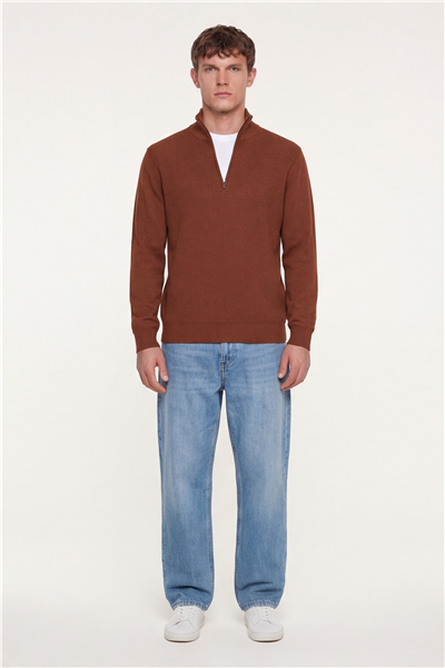 Erkek Kiremit Normal Kesim Regular Fit Yünlü Fermuarlı Dik Yaka Triko Kazak