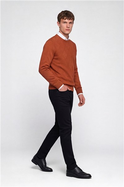 Erkek Kiremit Normal Kesim Regular Fit Yünlü Dokuma Bisiklet Yaka Triko Kazak