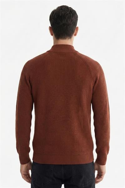 Erkek Kiremit Dar Kesim Slim Fit Dokulu Örme Fermuarlı Yarım Balıkçı Yaka Triko Kazak