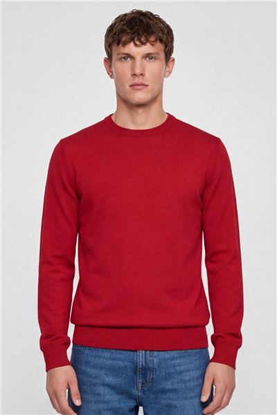 Erkek Kırmızı Normal Kesim Regular Fit Yünlü Bisiklet Yaka Triko Kazak