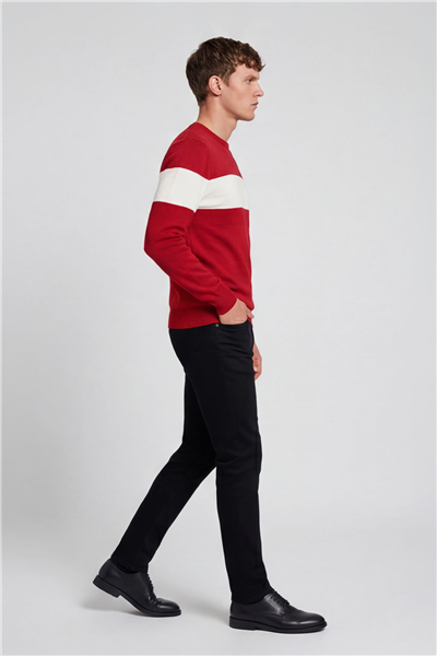 Erkek Kırmızı Normal Kesim Regular Fit Yünlü Dokuma Çizgi Detay Bisiklet Yaka Triko Kazak