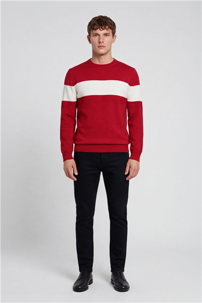 Erkek Kırmızı Normal Kesim Regular Fit Yünlü Dokuma Çizgi Detay Bisiklet Yaka Triko Kazak