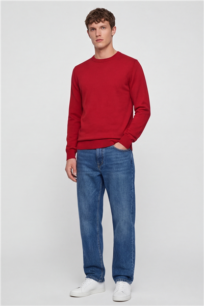 Erkek Kırmızı Normal Kesim Regular Fit Yünlü Bisiklet Yaka Triko Kazak