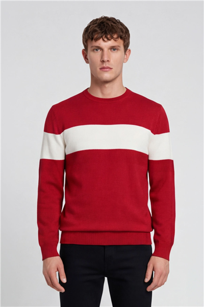 Erkek Kırmızı Normal Kesim Regular Fit Yünlü Dokuma Çizgi Detay Bisiklet Yaka Triko Kazak