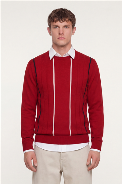 Erkek Kırmızı Normal Kesim Regular Fit Yünlü Dokuma Çizgi Desen Bisiklet Yaka Triko Kazak 