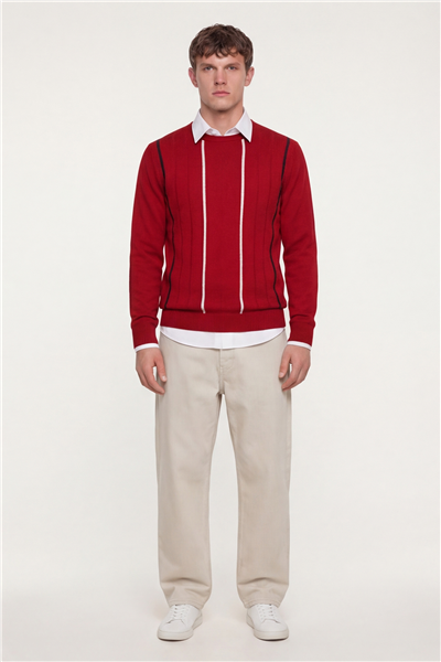Erkek Kırmızı Normal Kesim Regular Fit Yünlü Dokuma Çizgi Desen Bisiklet Yaka Triko Kazak 