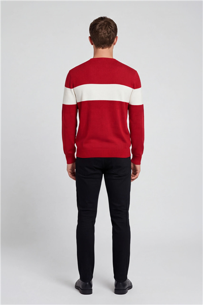 Erkek Kırmızı Normal Kesim Regular Fit Yünlü Dokuma Çizgi Detay Bisiklet Yaka Triko Kazak