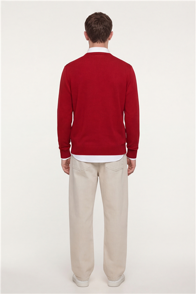 Erkek Kırmızı Normal Kesim Regular Fit Yünlü Dokuma Çizgi Desen Bisiklet Yaka Triko Kazak 