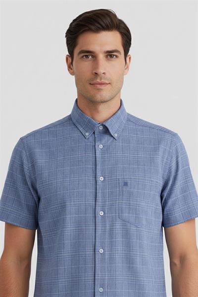 Erkek Lacivert Normal Kesim Regular Fit %100 Ekose Kısa Kollu Düğmeli Yaka Gömlek 
