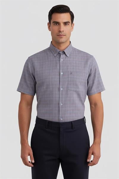 Erkek Kahve Normal Kesim Regular Fit %100 Ekose Kısa Kollu Düğmeli Yaka Gömlek 