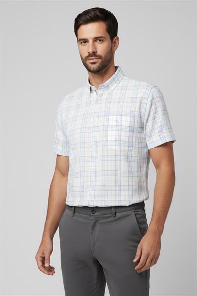 Erkek Beyaz Normal Kesim Regular Fit %100 Ekose Kısa Kollu Düğmeli Yaka Gömlek 