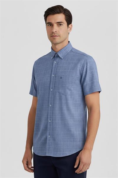 Erkek Lacivert Normal Kesim Regular Fit %100 Ekose Kısa Kollu Düğmeli Yaka Gömlek 