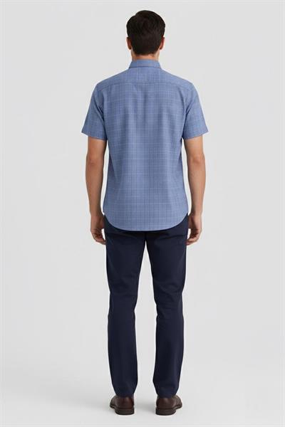 Erkek Lacivert Normal Kesim Regular Fit %100 Ekose Kısa Kollu Düğmeli Yaka Gömlek 