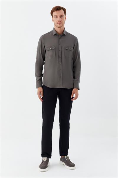 Haki %100 Pamuk Klasik Yaka Cepli Gömlek