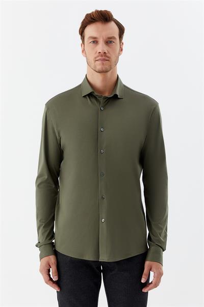 Erkek Haki Düz Klasik Yaka Slim Fit Gömlek