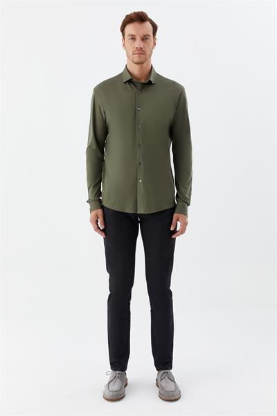 Erkek Haki Düz Klasik Yaka Slim Fit Gömlek