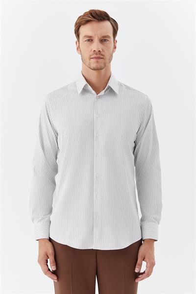 Erkek Haki Çizgili Klasik Yaka Slim Fit Gömlek