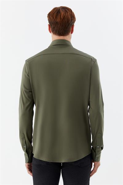 Erkek Haki Düz Klasik Yaka Slim Fit Gömlek