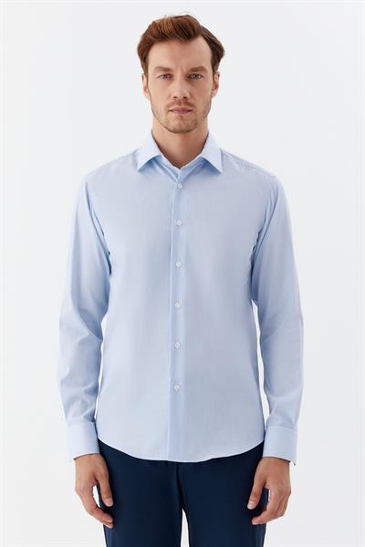 Erkek Mavi Çizgili Klasik Yaka Regular Fit Gömlek