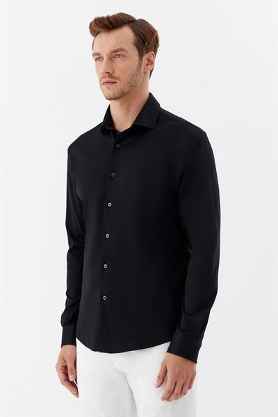 Erkek Siyah Dar Kesim Slim Fit %100 Pamuk Düz Dokuma Klasik Yaka Gömlek