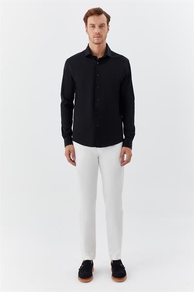Erkek Siyah Dar Kesim Slim Fit %100 Pamuk Düz Dokuma Klasik Yaka Gömlek