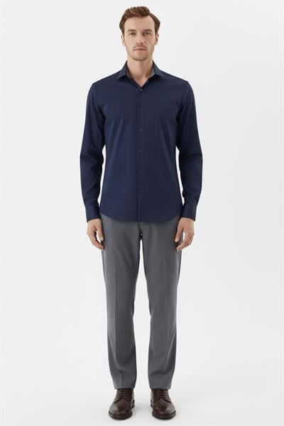 Erkek Lacivert Dar Kesim Slim Fit %100 Pamuk Dokuma Uzun Kollu Klasik Yaka Gömlek
