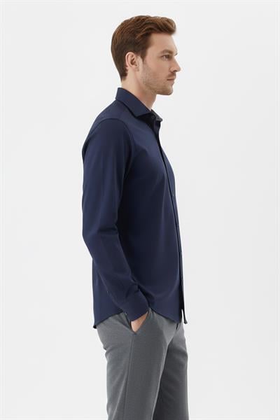Erkek Lacivert Dar Kesim Slim Fit %100 Pamuk Dokuma Uzun Kollu Klasik Yaka Gömlek