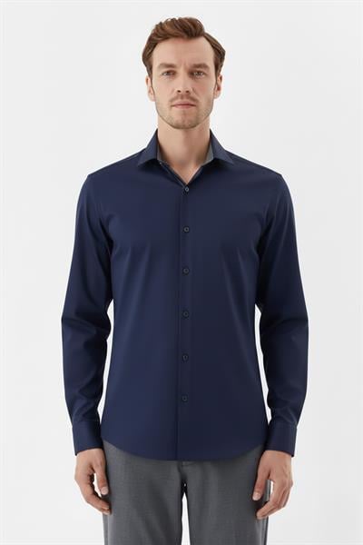 Erkek Lacivert Dar Kesim Slim Fit %100 Pamuk Dokuma Uzun Kollu Klasik Yaka Gömlek