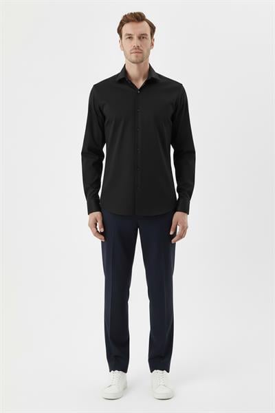 Erkek Siyah Dar Kesim Slim Fit %100 Pamuk Dokuma Uzun Kollu Klasik Yaka Gömlek