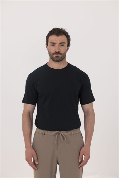 Koyu Antrasit %100 Pamuk Bisiklet Yaka Düz Renk Basic T-Shirt