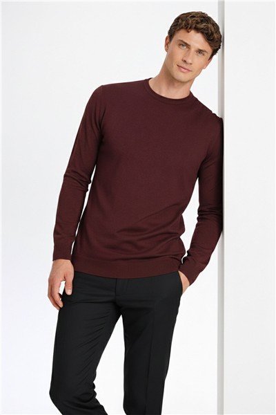Koyu Bordo Standart Fit Yün Karışımlı Bisiklet Yaka Triko Erkek Kazak