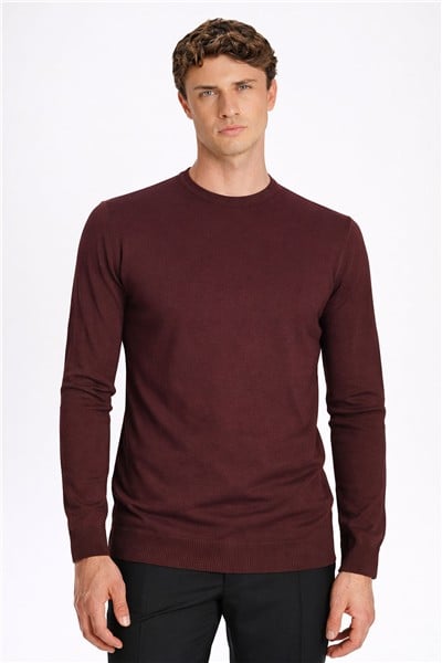 Koyu Bordo Standart Fit Yün Karışımlı Bisiklet Yaka Triko Erkek Kazak