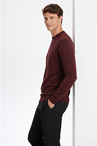 Koyu Bordo Standart Fit Yün Karışımlı Bisiklet Yaka Triko Erkek Kazak