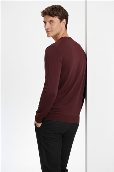 Koyu Bordo Standart Fit Yün Karışımlı Bisiklet Yaka Triko Erkek Kazak