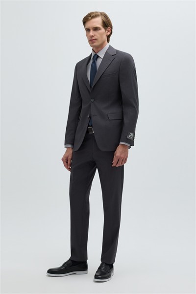 Koyu Gri Slim Fit Düz Paça 6 Drop Mono Yaka Klasik Takım Elbise