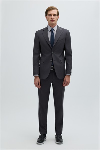 Koyu Gri Slim Fit Düz Paça 6 Drop Mono Yaka Klasik Takım Elbise
