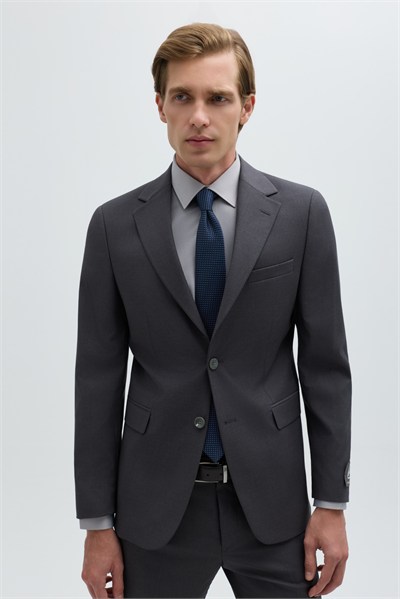 Koyu Gri Slim Fit Düz Paça 6 Drop Mono Yaka Klasik Takım Elbise