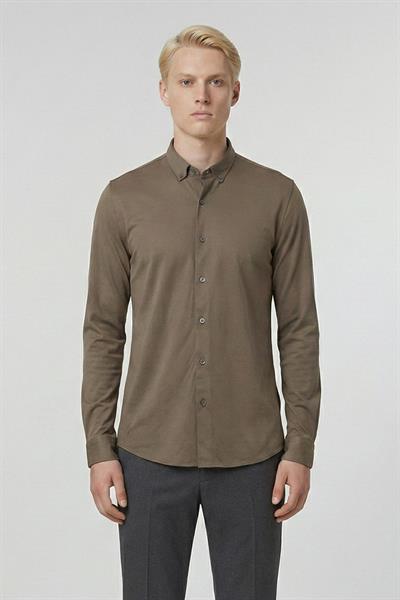 Giotelli Koyu Haki Slim Fit %100 Pamuk Düğmeli Yaka Erkek Gömlek
