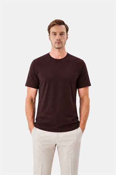 Koyu Kahve %100 Pamuk Regular Fit Bisiklet Yaka Basic T-shirt